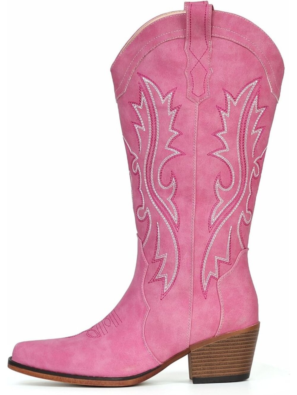 Women's Pink Mid Calf Snip Toe Western Cowgirl Faux Leather Heeled Boots - Picture 5 of 6